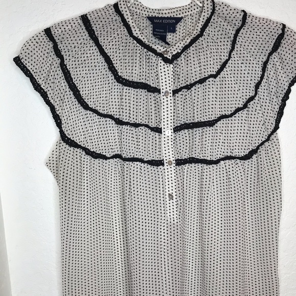 Micro polka dot top lace yolk cream black 1/2 button down Max Edition Size Large - Picture 2 of 7